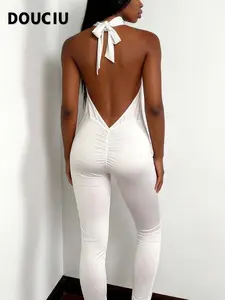 DOUCIU Basic Solid Color Simple Casual Versatile Tight Sexy Hot Cool Street Style Women'S Thin High Elastic Halter Neck Skinny Yoga Backless Sports Jumpsuit