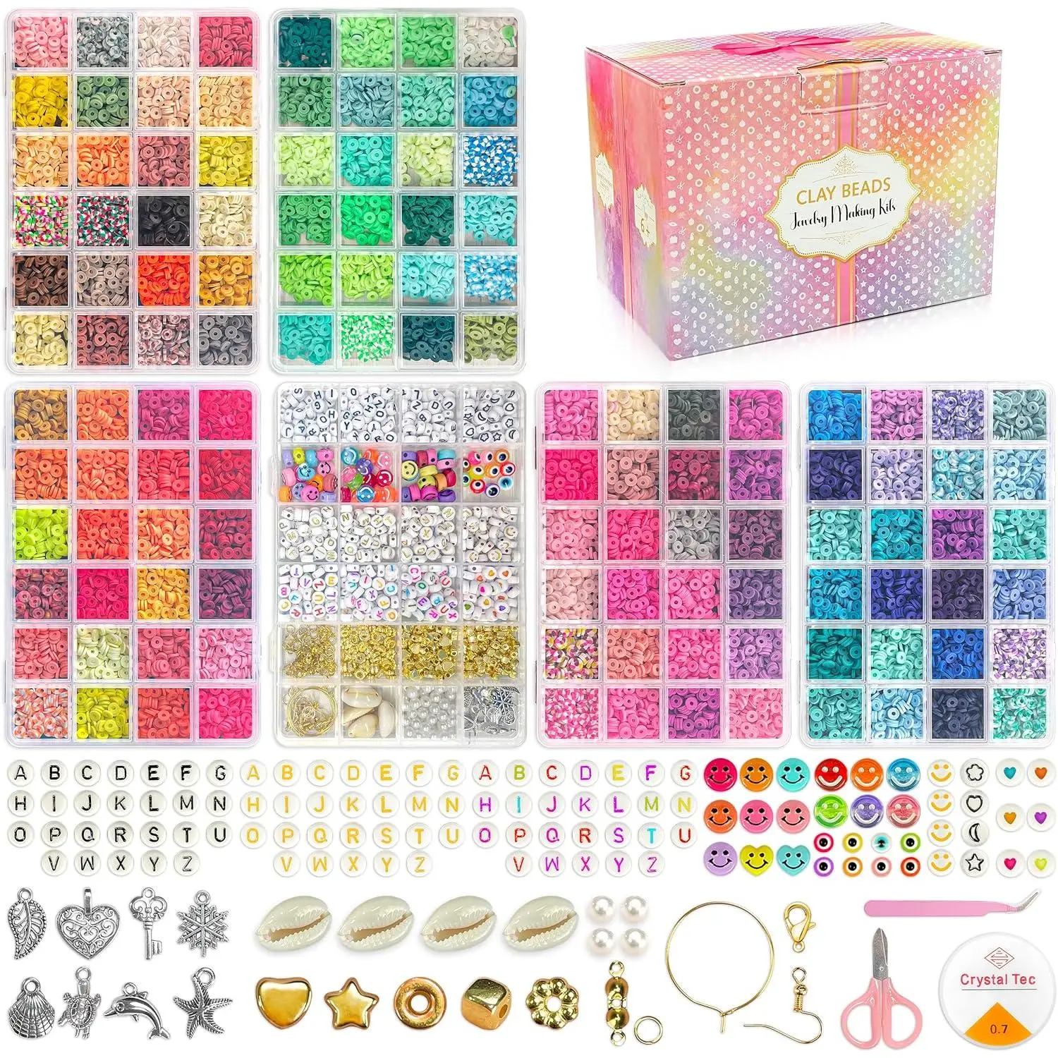 19200+pcs Lightweight Clay Beads Kit, 120-Colors 6 Boxes 1mm Thickness Flat Preppy Polymer Heishi Beads with Pendant Charms, DIY Friendship Bracelet Supplies for Adults (Ideal for Christmas, Mother’s Day)