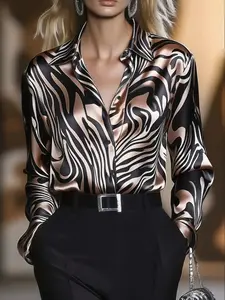 Elegant Satin Zebra Print Fitted Long Sleeve Blouse Shirts for Women, Spring & Fall Fashion, Stylish Ladies' Top, Comfortable and Chic Design