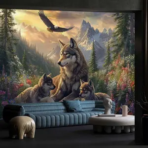 1 mountain meadow wolf pack tapestry - presenting stunning sunset mountain scenery, wolf packs and floral embellishments - made of high-quality brushed fabric, suitable for bedroom decoration, holiday gifts, parties and live streaming backgrounds