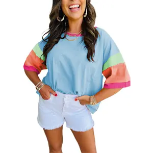 Znacicc Block Stitching Sleeve Round Neck Oversize Top - Comfortable Casual Style with Round Neck and Block Stitching