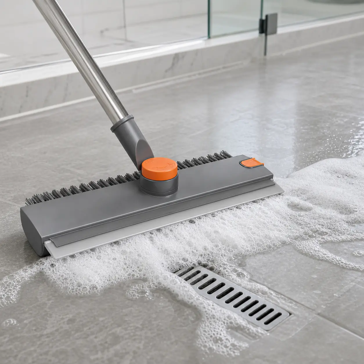 Long Handle Floor Scrub Brush with Squeegee, 3-in-1 Heavy-Duty Stiff Bristle Scrubber and Hair Removal Clip, 360° Rotating Brush Head with Adjustable Pole for Cleaning Bathroom Tile, Shower Walls, Grout Lines, Garage, Patio, Deck and Concrete