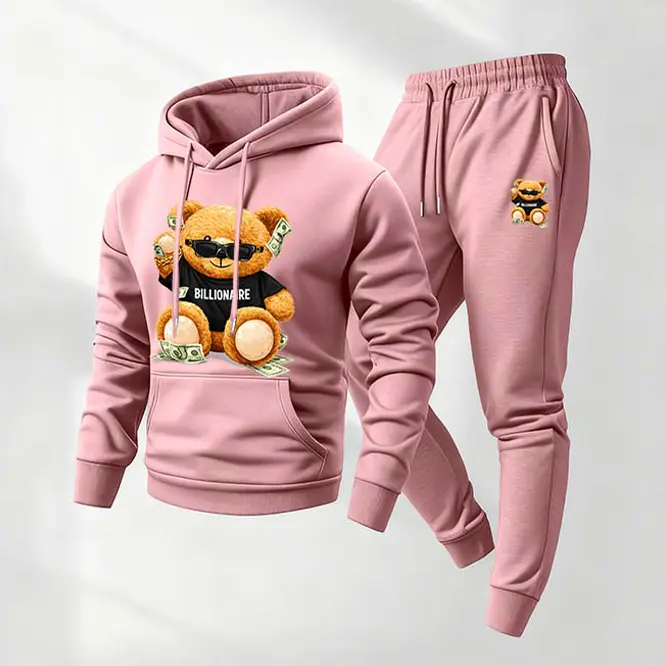 Men's 2-Piece Casual Tracksuit - 100% Polyester Hoodie & Sweatpants Set, Bear Letter Print, Loose-Fit Freedom, Drawstring Waist, Long Sleeve, Breathable Soft Athleisure Style for Daily Wear, Mensfashion, Sport-to-Leisure