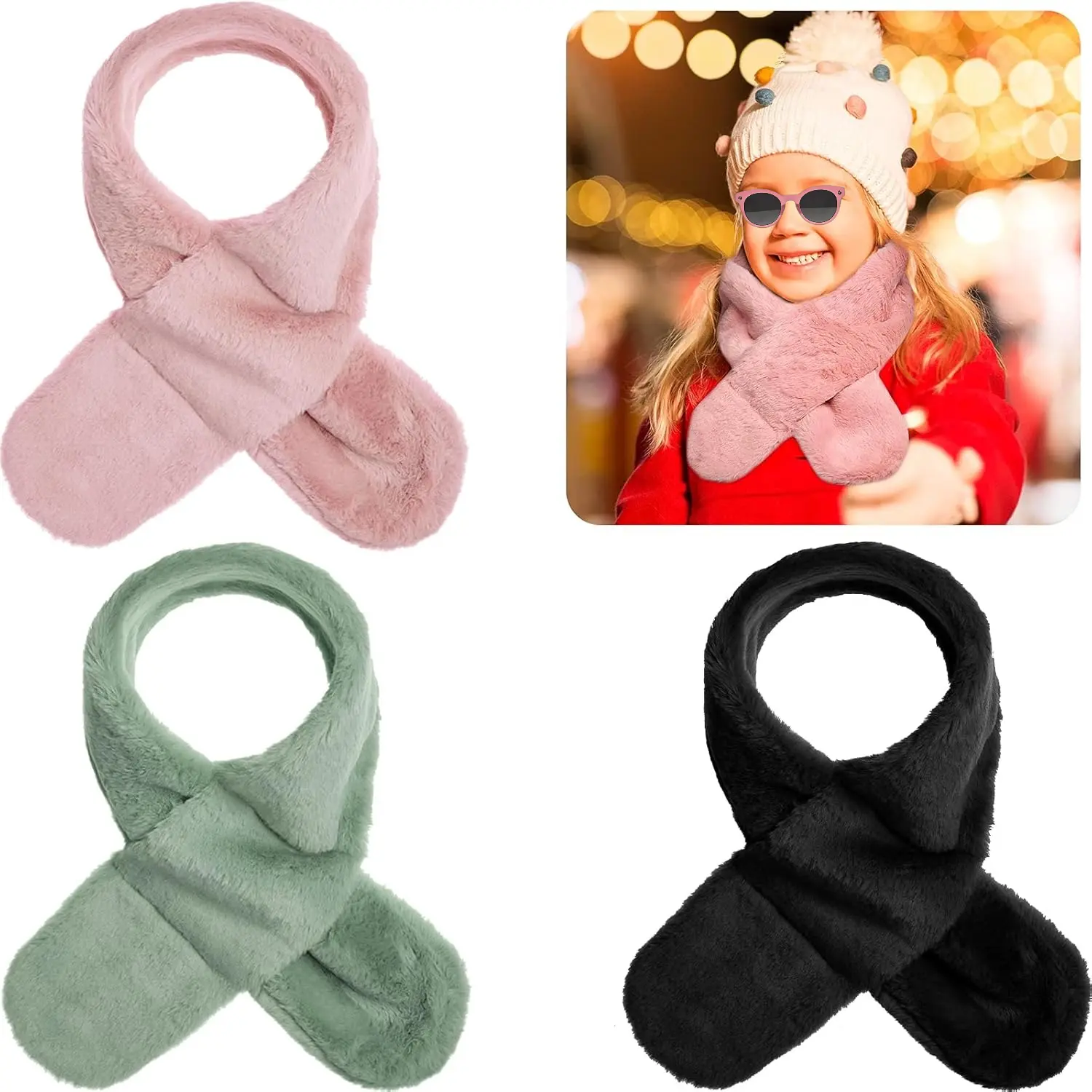 X-SCF03 Kids' Fleece Collar Scarves - 3-Piece Adjustable Warm and Comfortable Neck Warmers for Sons, Daughters (Black, Pink, Green) Soft and Beautiful for Shopping, Snowboarding, Traveling