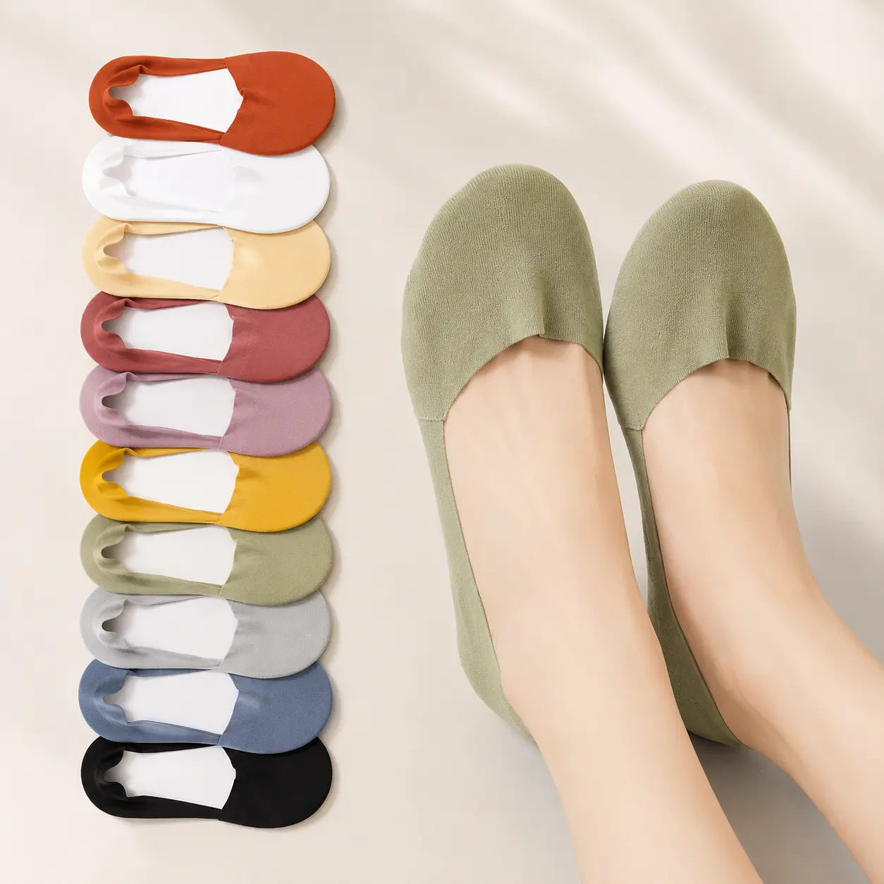 Women's No-Show Socks, 10-Pair Mixed Color Basics Plain Smooth Polyester Fabric Liners, Lightweight Low-Cut Soft Cushioned Anti-Slip Grip Breathable Everyday Knitted Socks for Women