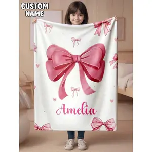 Personalized Pink Bow Blanket with Name for Girls, Custom Monogrammed Throw Gift for Daughter, Teen, Women – Soft Lightweight Cozy Throw for Bed, Couch, Sofa, Birthday Gift,Christmas Stocking Stuff