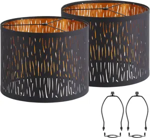 Set of 2 Black Drum Lampshades with Hollow-carved Design, 12.7" x 12.7" x 10 Inches, with Lamp Shade Harp Holder, Fits Table Lamp, Floor Lamp and Pendant Light
