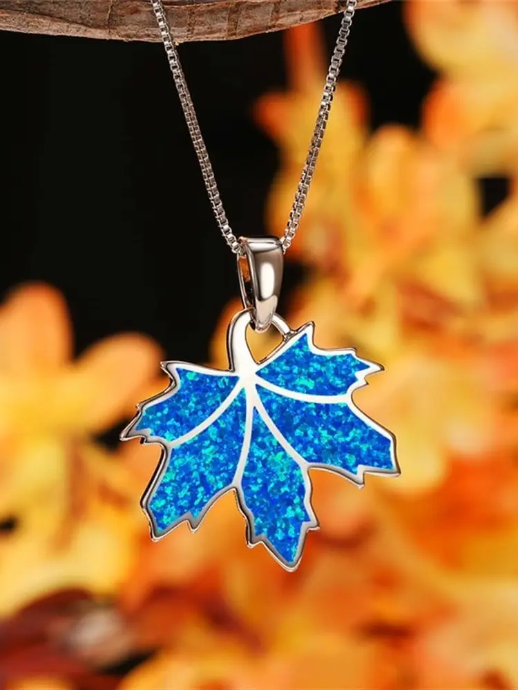 925 Sterling Silver Maple Leaf Necklace with Blue Fire Opal Gemstone, Statement Pendant Jewelry for Women, Symbol of Hope and Purity, 5G/0.18 Ounces, Female