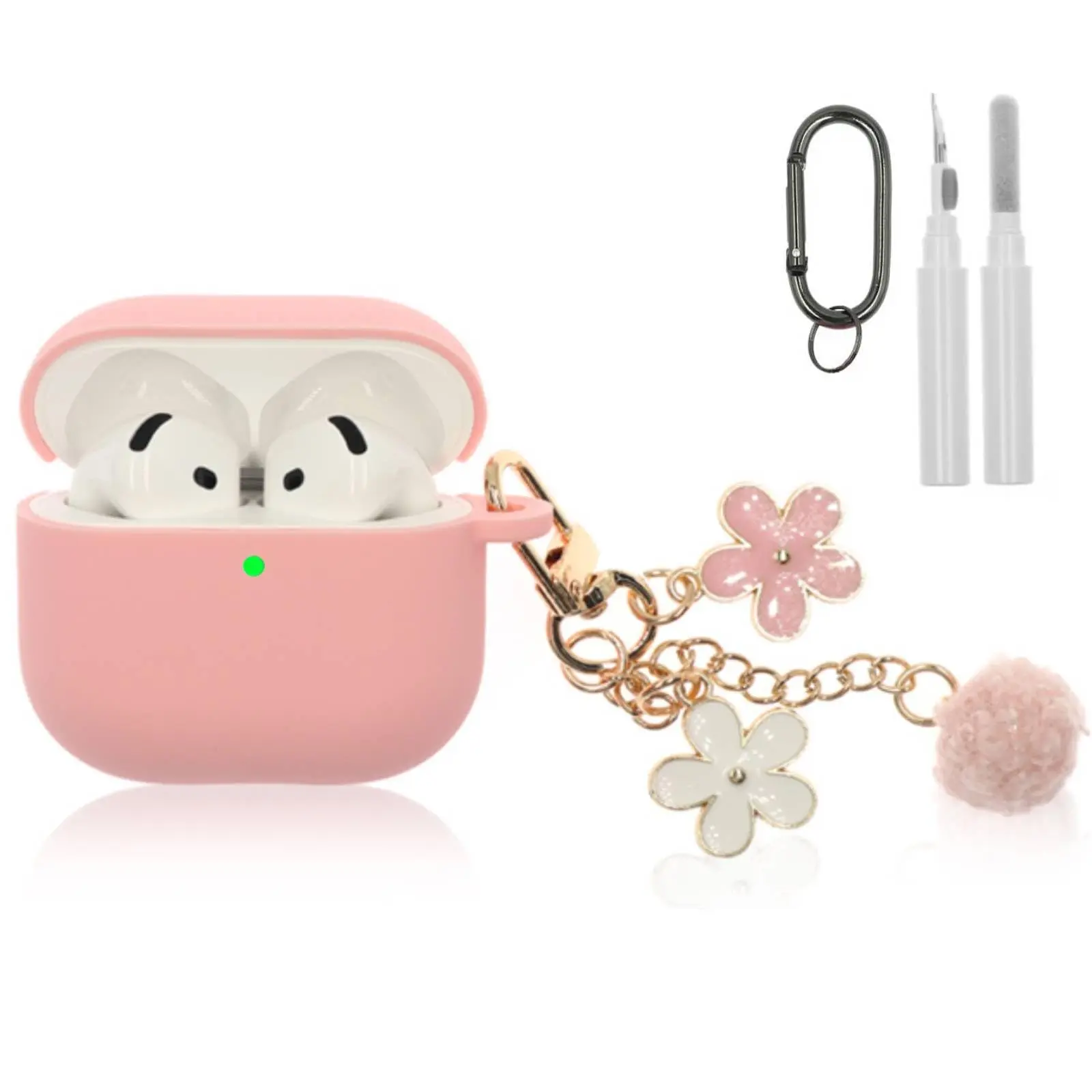 Silicone Protective Case Compatible with AirPods 4th Generation 2024 with Cleaner Kit, Carabiner Keychain, Pendant, Soft Shock Resistant Cover, Supports Wireless and Wired Charging for Women and Girls