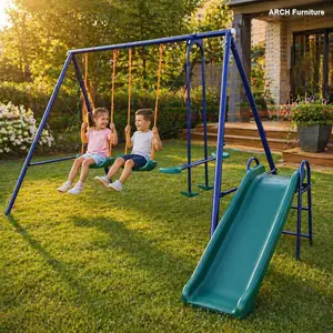 3-in-1 Durable Steel Kids Outdoor Play Backyard Swing Set, Outdoor Stuff for Kids with Belt Swing, Slide and Glider, Playground Equipment