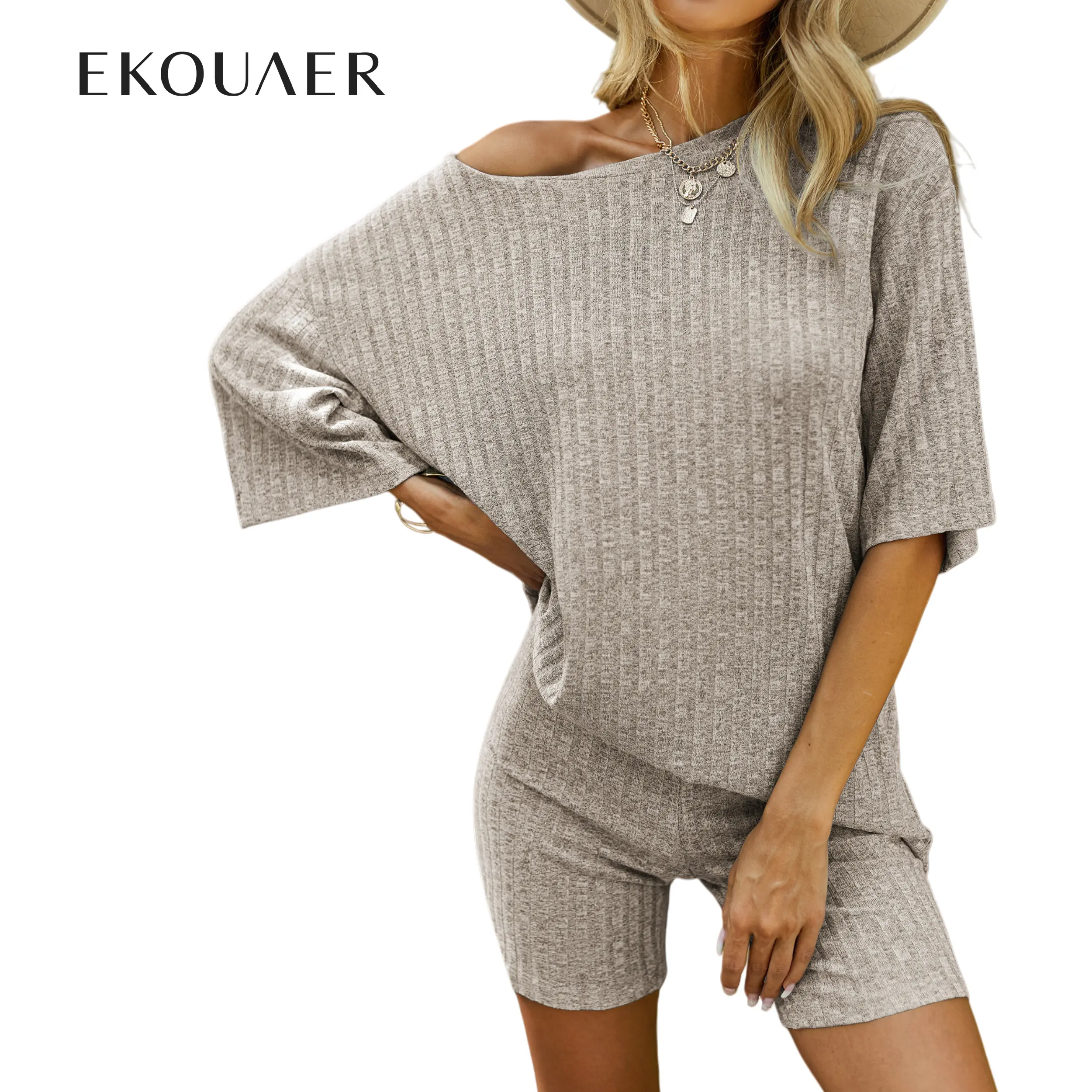 Ekouaer Women's 2-Piece Maternity Pajama Sets, Breathable Ribbed Fabric Clothes - Stretchy Tee & Bike Shorts, Home & Outdoor Loungewear (Sizes S-XXL)