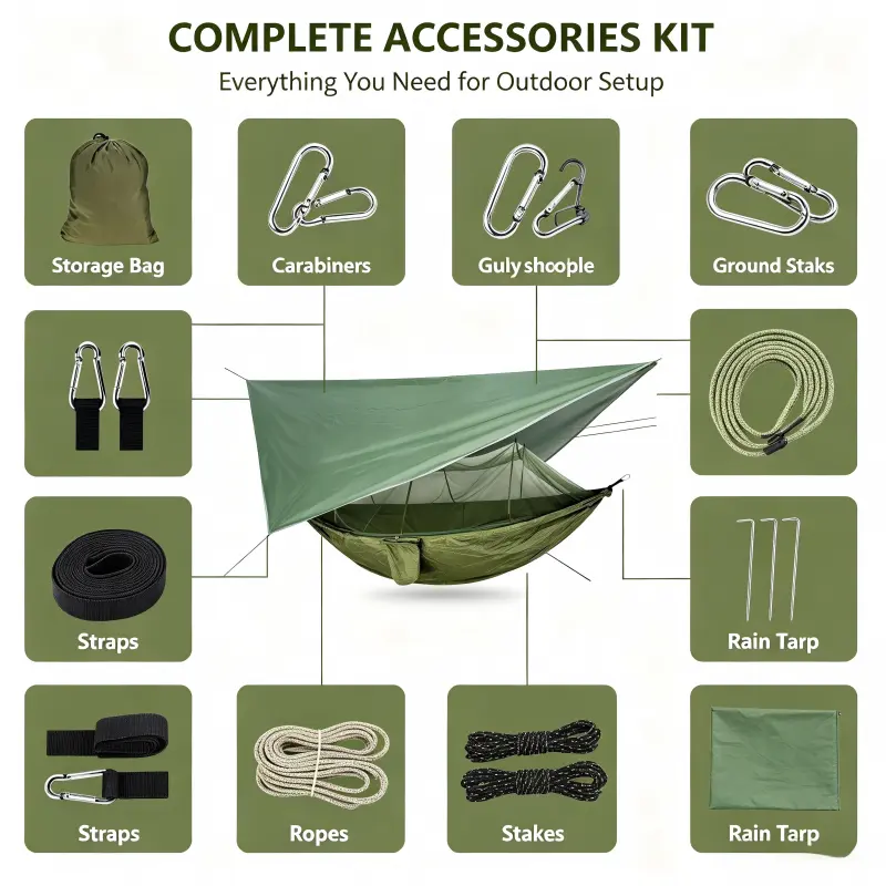 Portable Nylon Fabric Camping Hammock Tent Set - Anti-Mosquito Net, Rain Fly Canopy, Sun Protection Shelter, Functional Setup, Includes Straps for Backyard Hiking, Outdoor Relaxation, Single User, 300Kg, All-In-One Kit