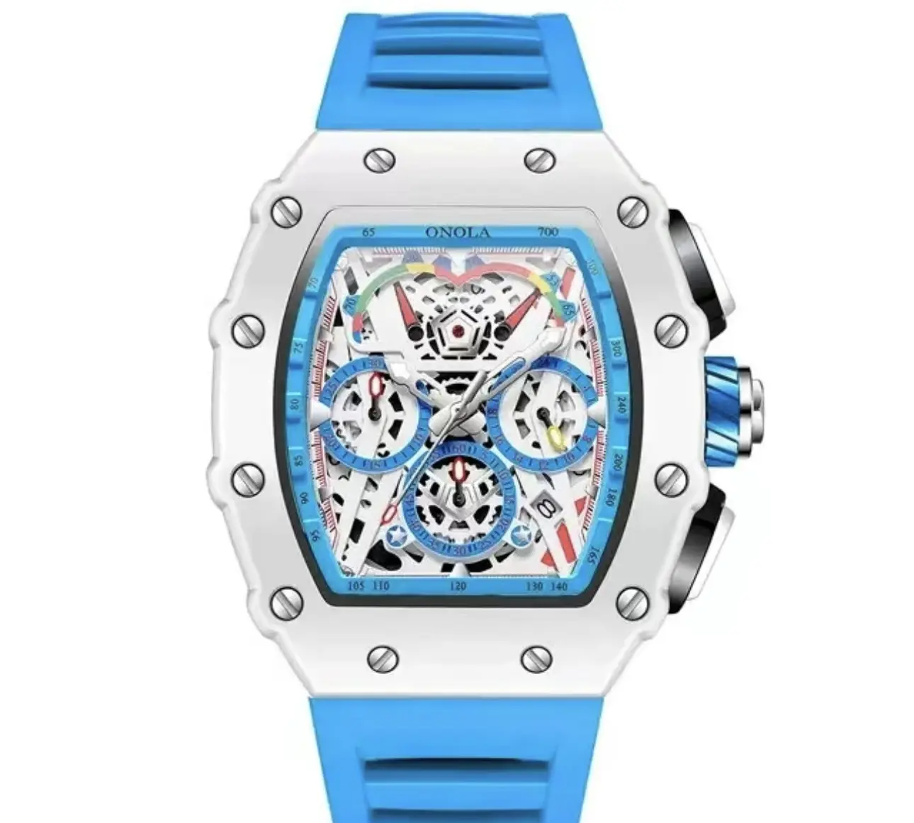 Rectangular men's sports watch, with a hollow three-hand chronograph dial, blue silicone waterproof strap, daily-use waterproof quartz men's watch.