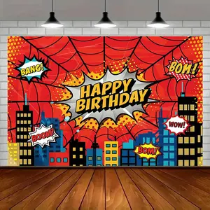 Spider Superhero Happy Birthday 2D Flat Party Banner Polyester Decor for Home Room Wall Party Ornaments White