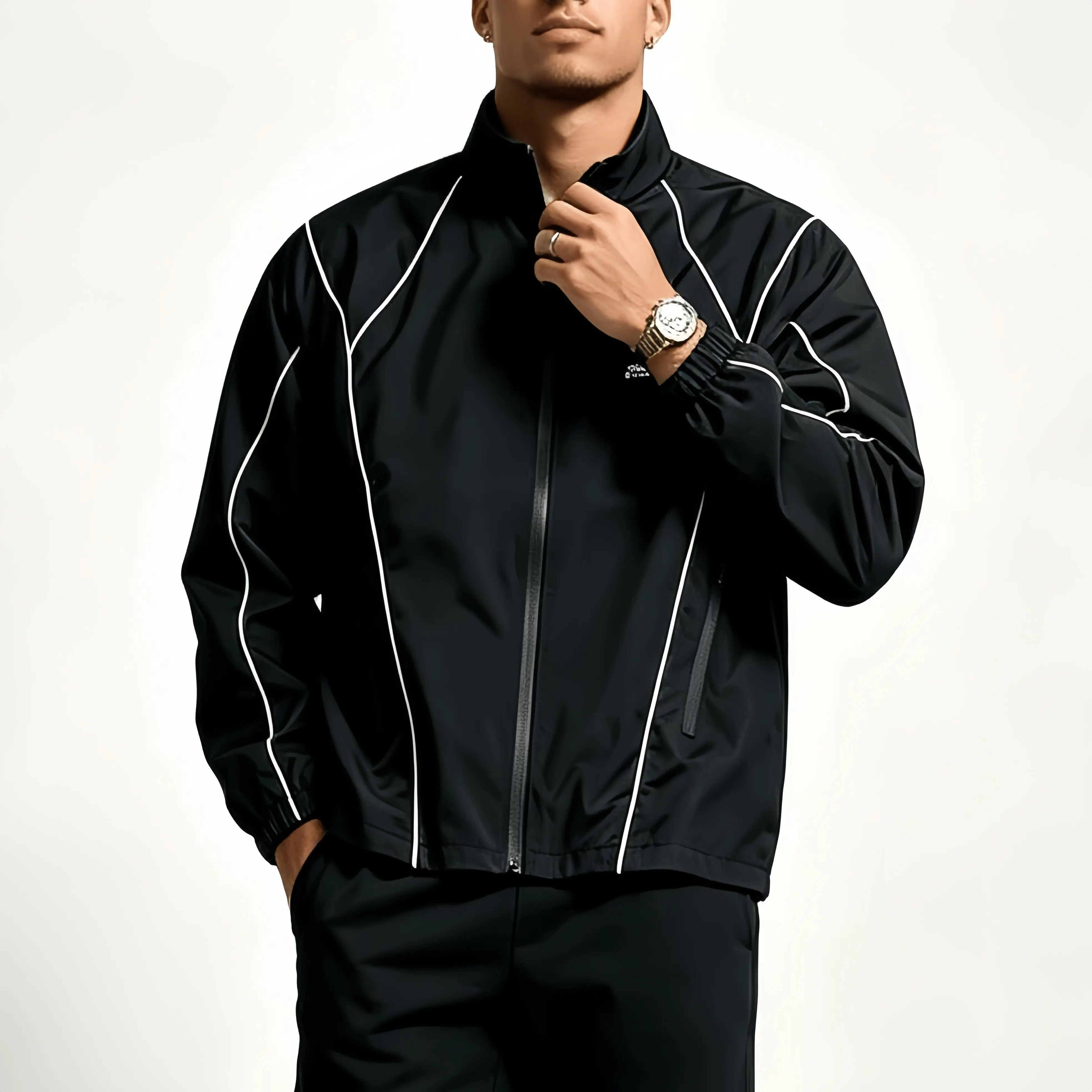 Men's loose sports jacket, skateboarding streetwear coat, winter loose sports jacket, skateboarding fashionable street clothing, retro sports outfit jacket. Black fabric. Classic men's clothing.