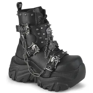 Demonia Echo-60 Black Ankle High Goth Boots with Flared Platform and Double Skull Buckle Straps for Women