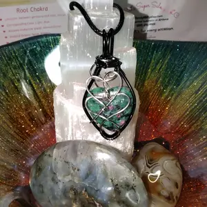 RUBY IN ZOISITE Pendant Necklace on 20" Black Rope Chain - Stainless Steel crystal necklace