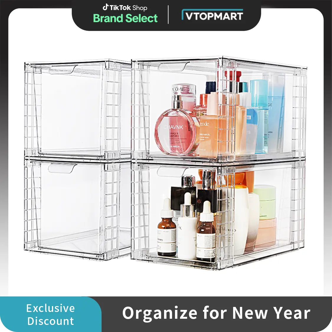 VTOPMART DIY Stackable Clear Acrylic Drawer Organizer with Handles for Bathroom Kitchen, Pantry, Under-sink, Cabinet, Closet, Makeup,Multifunctional storage  solution