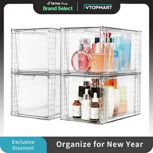 VTOPMART DIY Stackable Clear Acrylic Drawer Organizer with Handles for Bathroom Kitchen, Pantry, Under-sink, Cabinet, Closet, Makeup,Multifunctional storage  solution