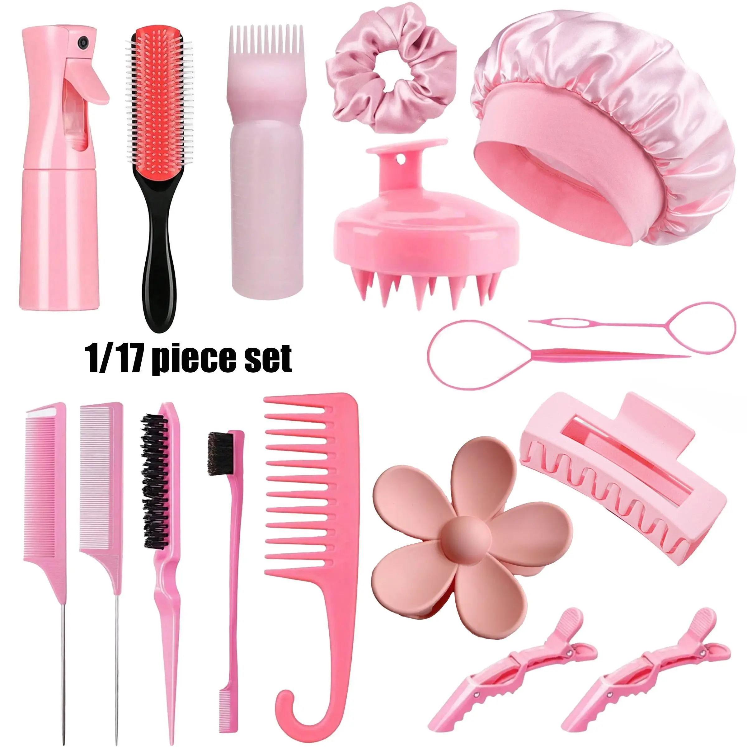 17-Piece Hair Care Set, Hair Styling Tools, Includes Spray Bottle, Sleep Cap, Curl Brush, Detangling Hairbrush, Comb, Detangler, Massage Brush, Clips, Brush For Curly Hair, Perfect for All Hair Types