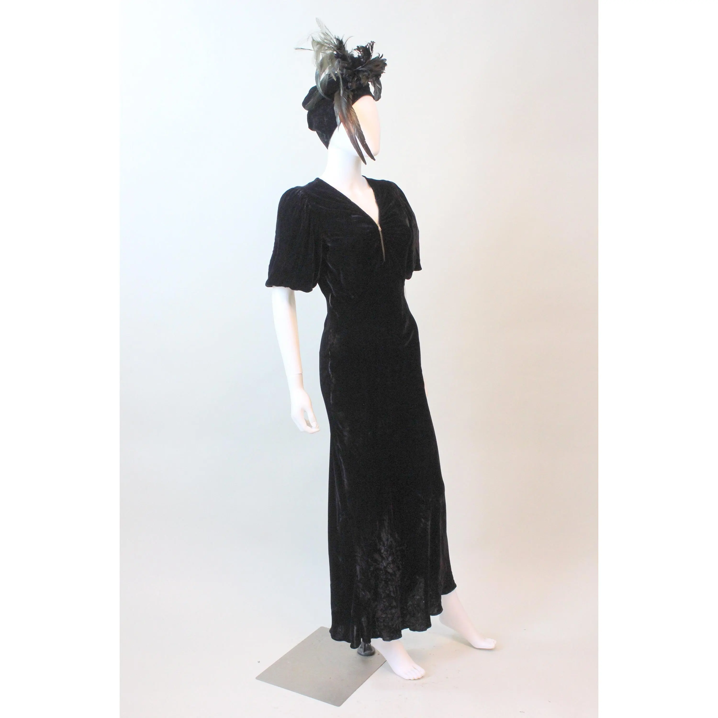 1930s ZIPPER front puff sleeves silk VELVET dress xs | new fall
