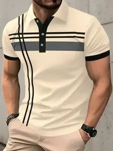 Men's Striped Print Contrast Binding Polo Shirt, Casual Short Sleeve Button Front Top for Summer, Fashion Men's Clothes for Daily Wear