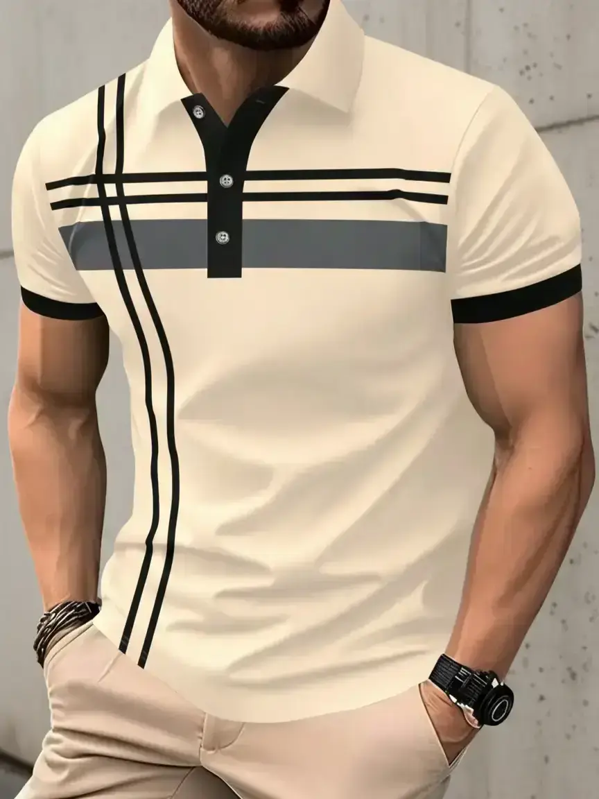 Men's Striped Print Contrast Binding Collared Polo Shirt, Casual Short-Sleeve Button-Front Top for Summer, Fashion Men's Clothes for Daily Wear