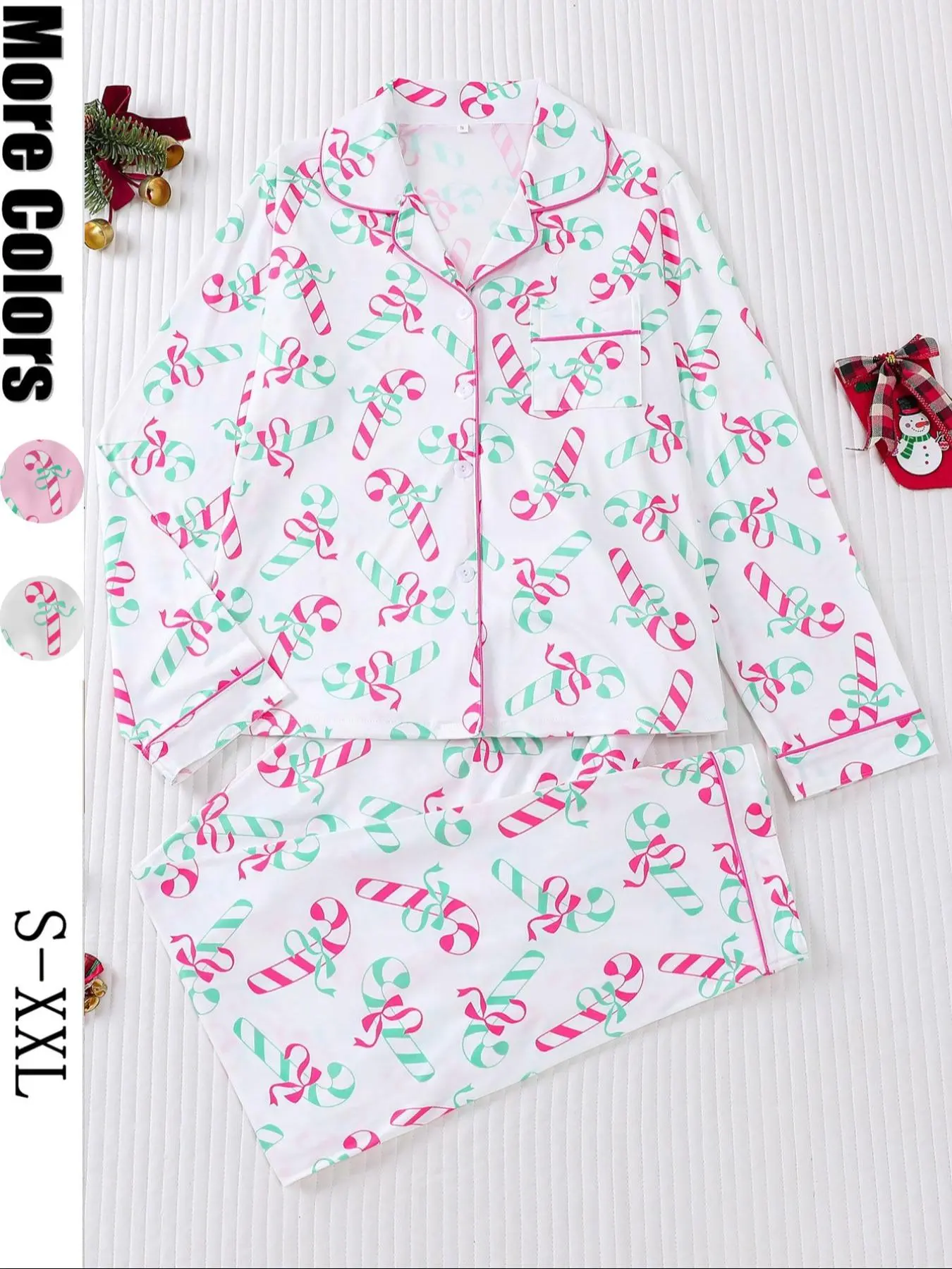 【Christmas】Women's Christmas Printed Long Sleeve Pajama Set, Casual Fitted Sleepwear, Comfortable Flap Collar Top & Wide Leg Pants, Fall&winter