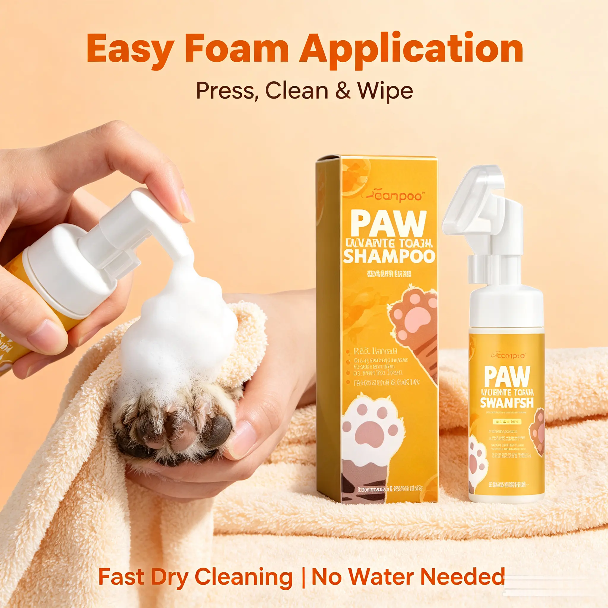 No-Rinse Pet Paw Cleaning Foam Shampoo for Cats & Dogs - Orange Extract Formula for Dry Wash, Mud Removal, Softened Paws, Portable Grooming Foam for Puppies