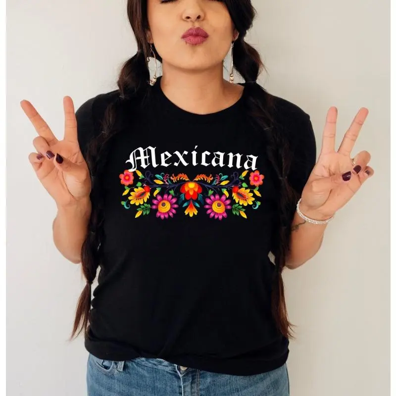 Mexicana floral shirt,Playeras Mexicanas,Mexico shirt folk,Mexicana flowers shirt,Mexican shirts,Hispanic heritage month,Mexicana Graphic T-shirt Cotton Top, Womenswear Summer summerwins