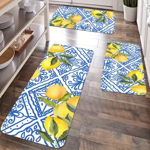 Jit 2/3pcs Kitchen Flannel Boho Rug Set, Lemon & Bohemian Pattern Decorative Mat, Non-Slip Washable Soft Carpet for Kitchen Laundry Hallway
