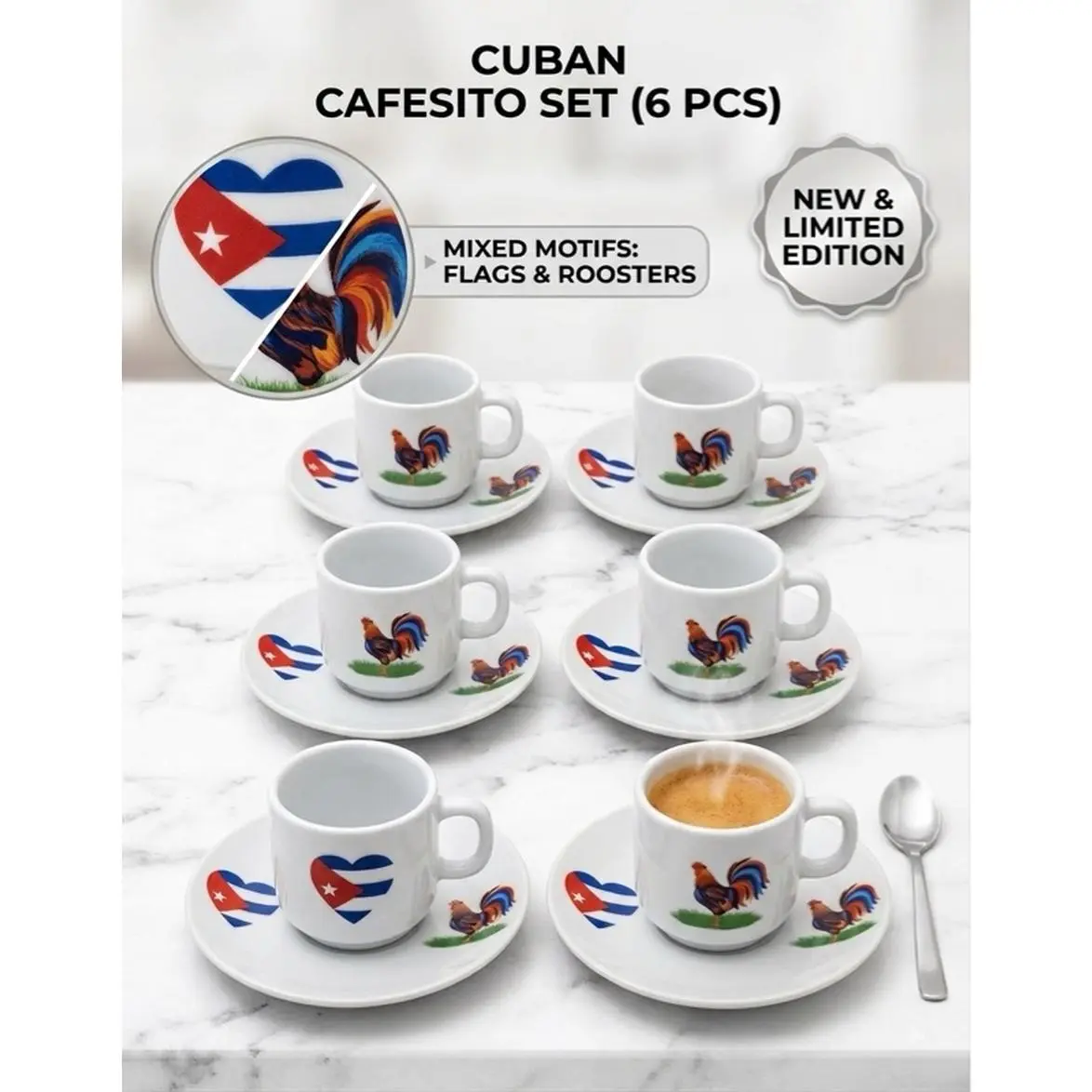 Cuban Cafesito Set 12-Piece New Limited Edition with Mixed Motifs Flags & Roosters for Authentic Cuban Coffee Experience