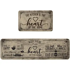 Kitchen Quotes Kitchen Mats Set of 2, Seasonal The Heart of The Home Cooking Sets Holiday Party Low-Profile Floor Mat for Home - 17x29 and 17x59 Inch