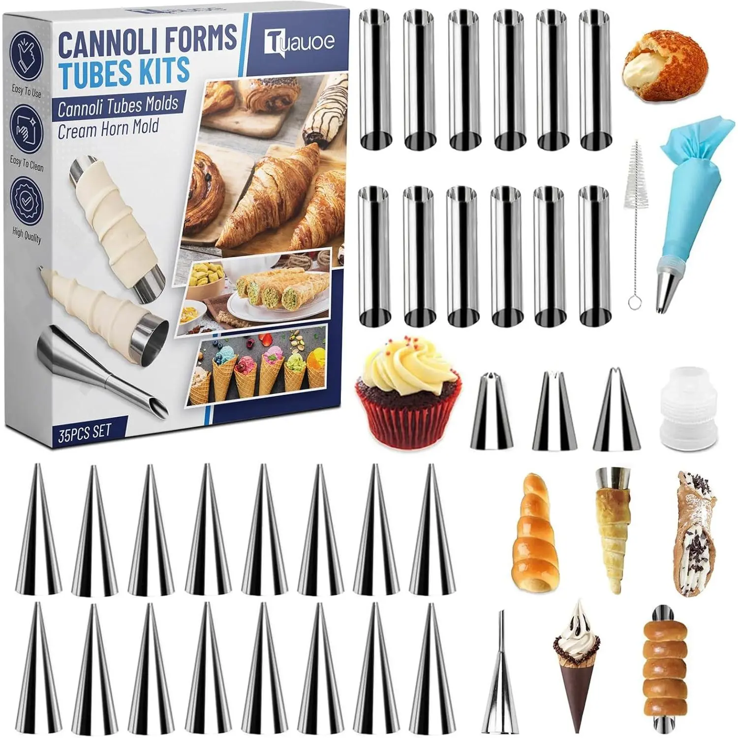 Cream Horn Molds for Baking  35pcs Cannoli Tubes Non-stick Stainless Steel 16pcs Cone Shaped and 12pcs Tubular Forms Danish Pastry Lady Lock Form Roll Croissant