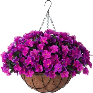 Artificial Flowers with Basket Outdoors, Fake Hydrangea UV Resistant Arrangements in Pot Planter Summer for Indoor Porch Yard(Lotus)