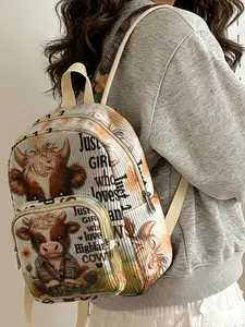 1 piece of Highland cow 'Love Cow Character' 2D printed lady's backpack, corduroy texture + layered storage + light weight reduction | perfect for students to go to class/shopping/short trips | combination of atmosphere and practicality