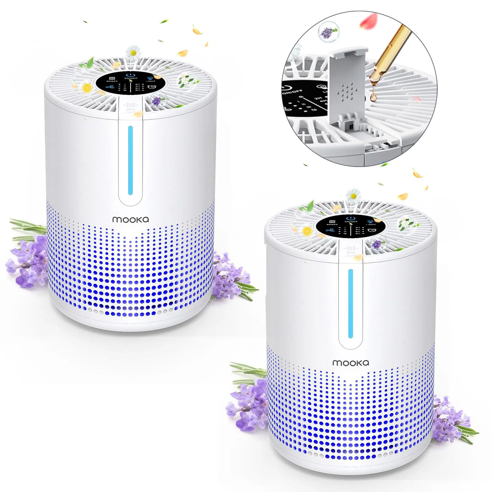 MOOKA 2-Pack Air Purifiers H13 HEPA Filter for Home Bedroom Up to 300Ft² with USB Cable, Night Light, 3-Stage High-Performance, 15dB Sleep Mode, 4 Fan Speeds, Pet & Smoke Removal, Travel-Friendly, M01