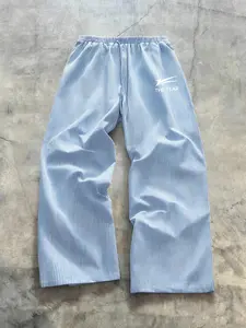 Unisex Blue Striped Wide Leg Pants, the Star Logo Print, Casual Style, Breathable Comfort Design, Perfect for Daily Wear, Leisure, Home Use