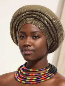 Shiny African Style Headscarf Hat, Layered Wrap Design, Ethnic Look, Daily Wear, 1pc Bright Face Accessory