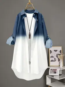 Plus Size Women's Ombre Long Sleeve Blouse, Mid-Length All-Season Shirt, Comfortable Daily Wear, Fitted Style for Everyday Use