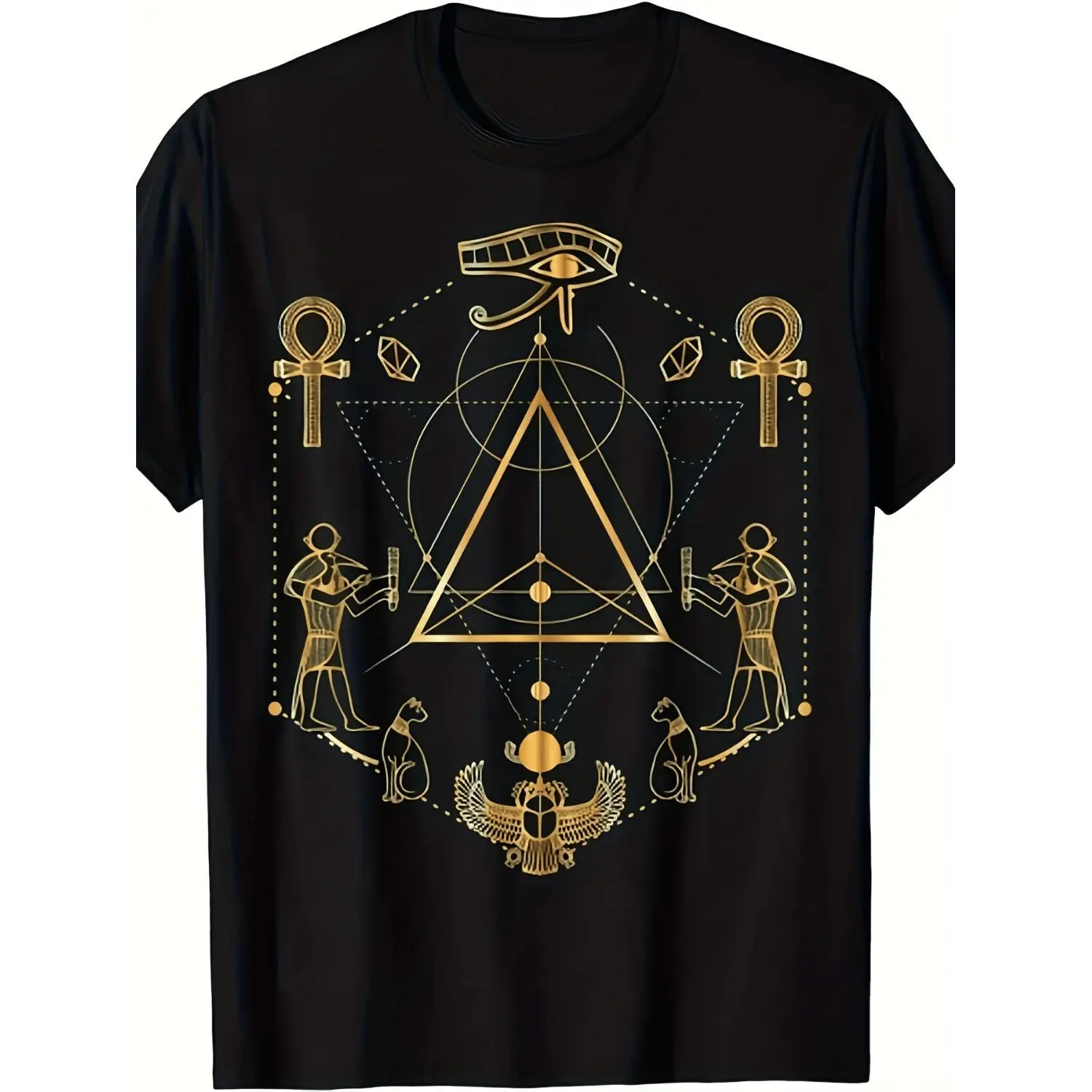 NEW Eye of Horus Sacred Geometry Ancient Egypt Ankh Scarab Tee T-Shirt | Same style for men and women, 2025 summer, short-sleeved, printed, pure, 220G, Crew Neck, Vintage Style, All-season, Slight Stretch Fabric, Regular Fit