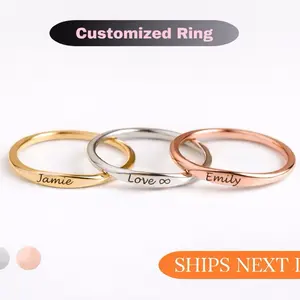 Personalized Stackable Rings Custom Name Text & Date Engraving Meaningful Gift in Gold Silver or Rose Gold Comfort Fit