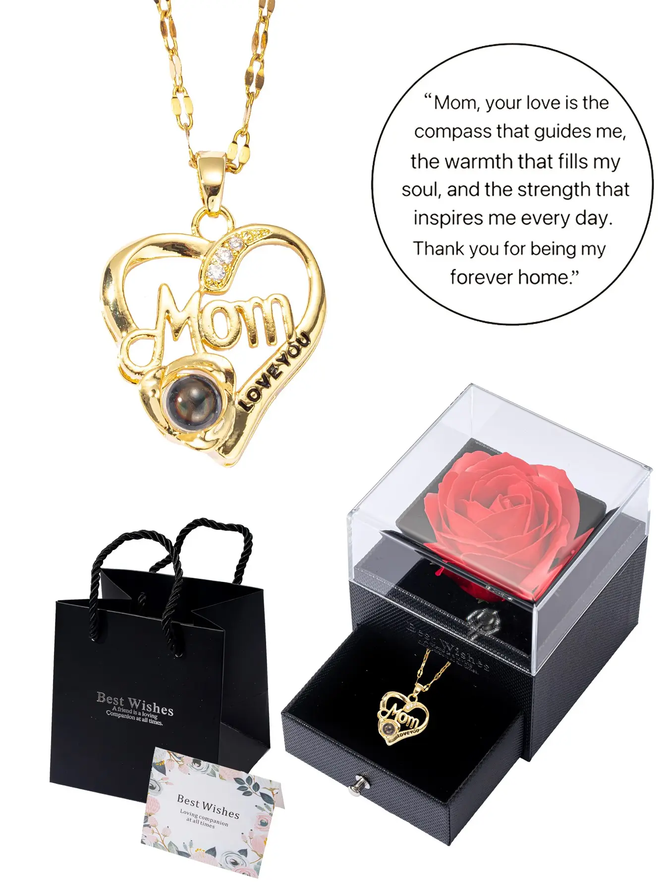 100 Languages I Love You Mom Projection Necklace, Heart Pendant, Stainless Steel Chain, Mother's Day Jewelry Gifts with Preserved Rose Box