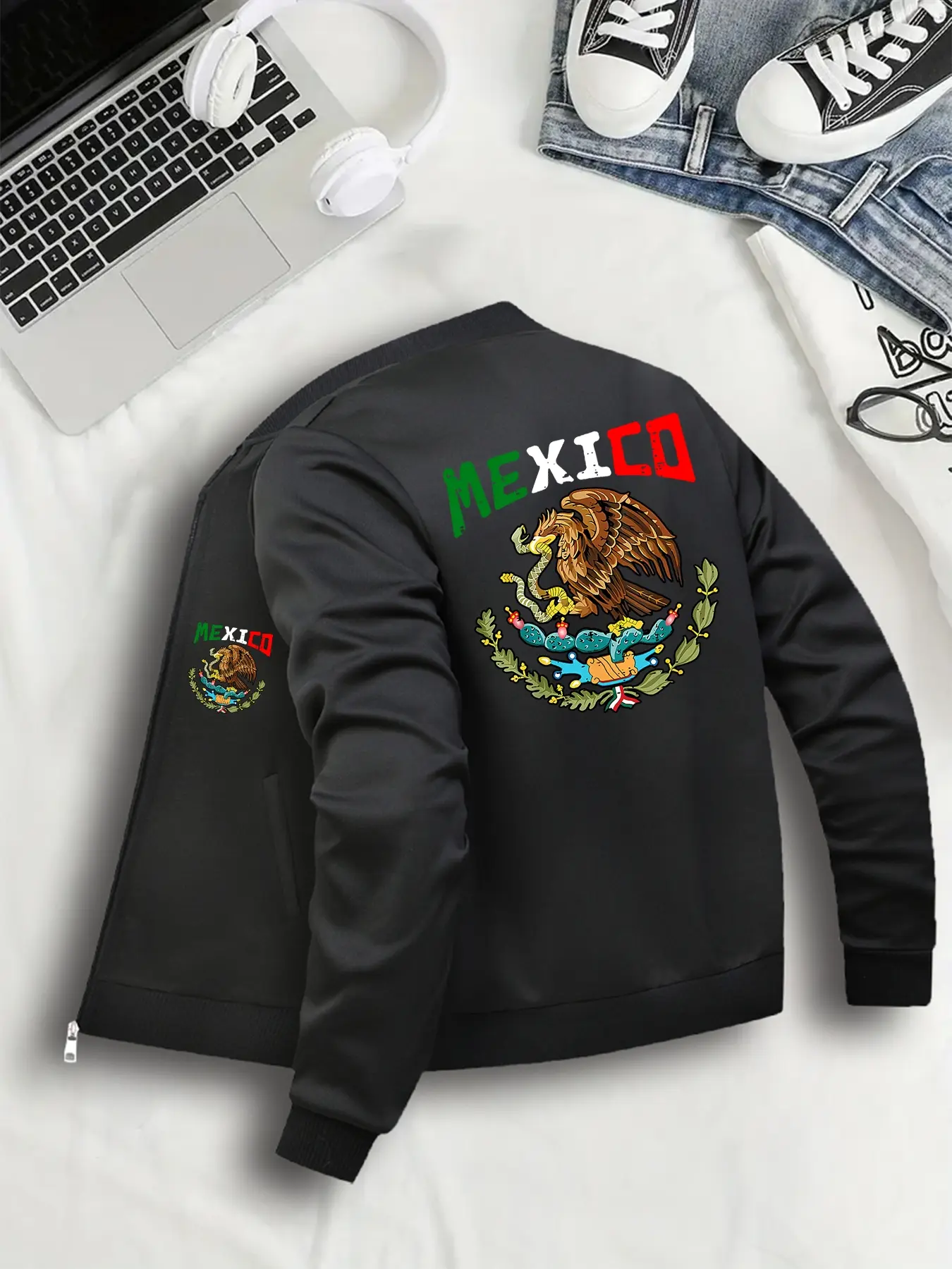mexico Love Women's Casual Zipper Bomber Jacket Coats Outerwear, Fashionable Jacket, Graphic Print Lightweight Fashion Design, Suitable for Daily Wear and Outdoor Activities, S-Xxl