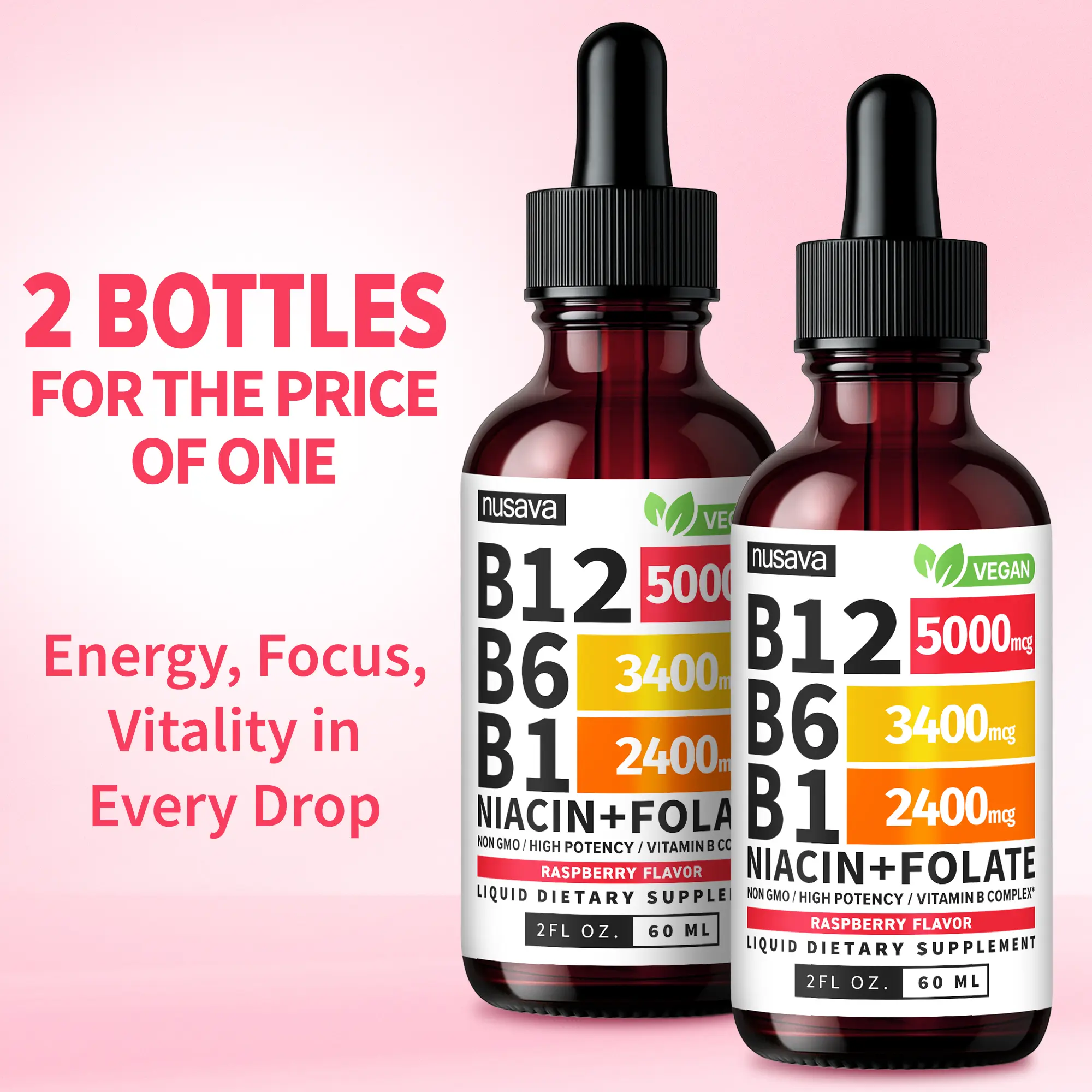 (2-PACK) Vitamin B12 Liquid Supplement Drops with B6, B1, Niacin & Folate - Edible Support for Energy, Brain & Heart, Non-GMO & Gluten-Free, 4 Fl Oz Fitness Dietary