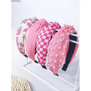 Women's Elegant Wide Knotted Headbands, Faux Pearl Decor, Rose Plaid & Floral Print, Solid Color Fabric, Chic Stylish Design for Daily Wear, Parties & All Seasons Matching