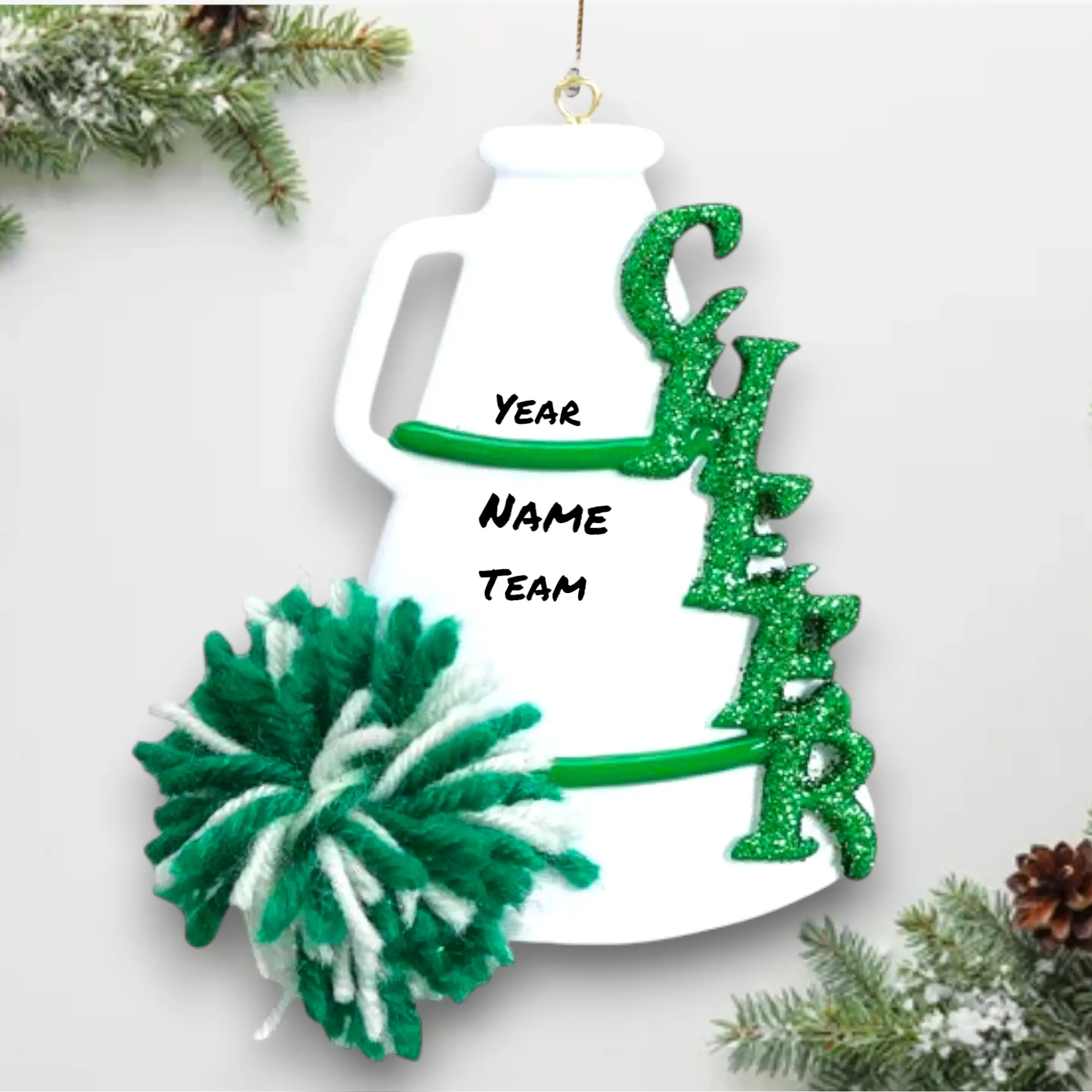 Personalized Cheerleader Green Christmas Ornament – Custom Cheer Megaphone & Pom Pom with Name, Year & Team – Cheer Gift – Noel Box
