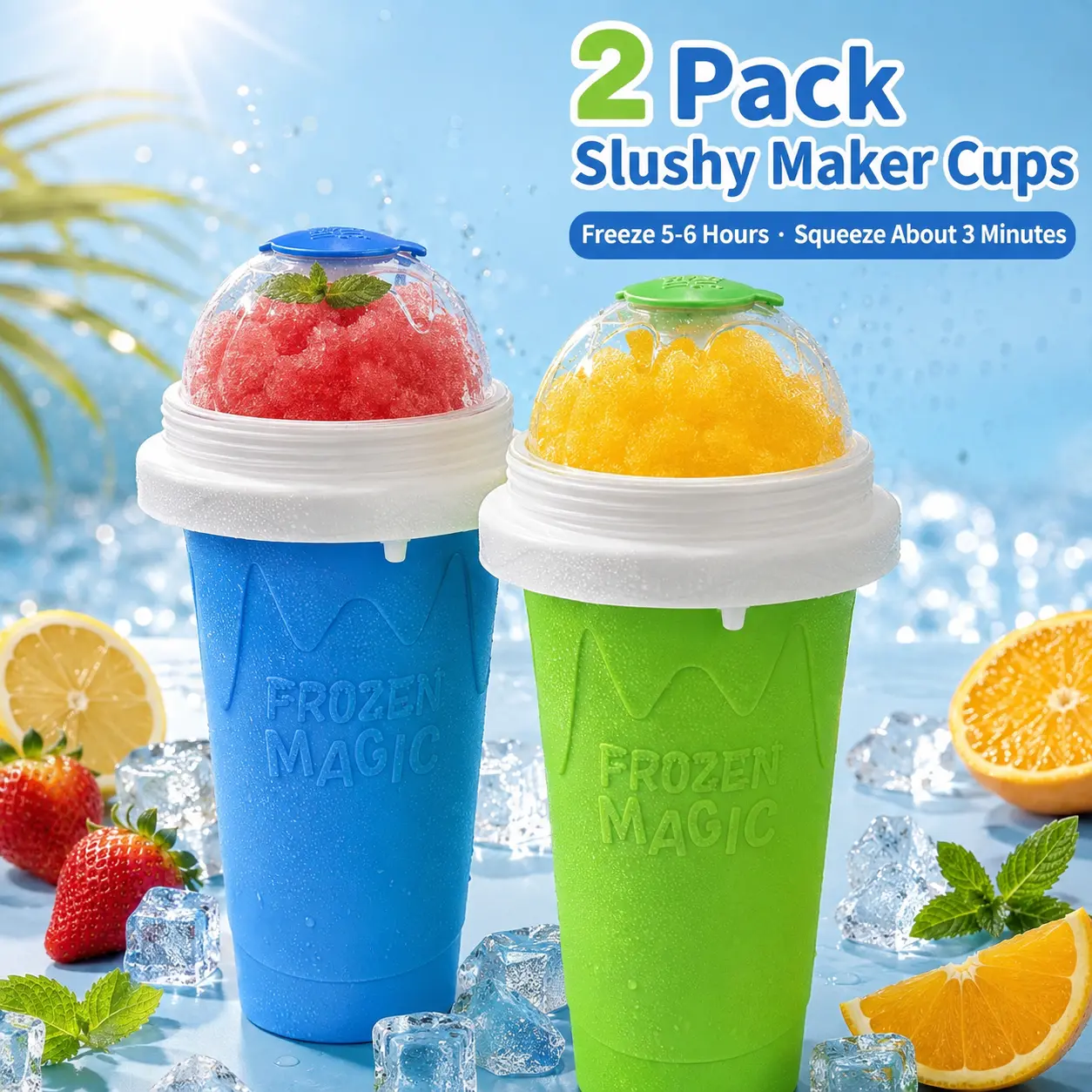 2 Pack Slushy Maker Cup, SummerWins DIY Magic Squeeze Cups for Juice Milk Yogurt Ice Cream Make, Frozen Cooling Cup with Lid & Straw Cool Stuff Things for Kids Friends Family (Blue+Green) DealsForYouDays slushie