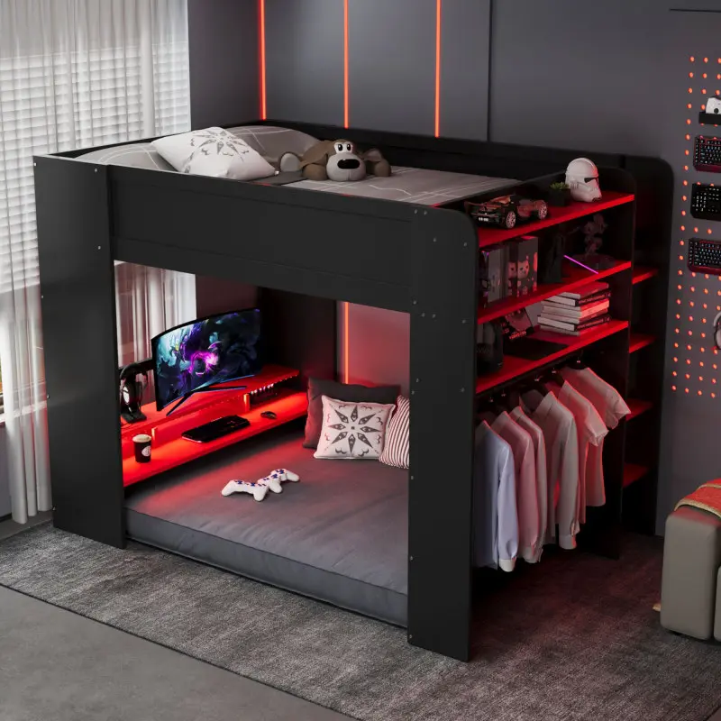 Full Size MDF Wood Gamer Bunk Bed Frame - Pre-Drilled Indoor Furniture with Height-Adjustable Desk, Wardrobe, Ample Storage Drawers, RGB Lights, Cable Management for Immersive Gaming Setup