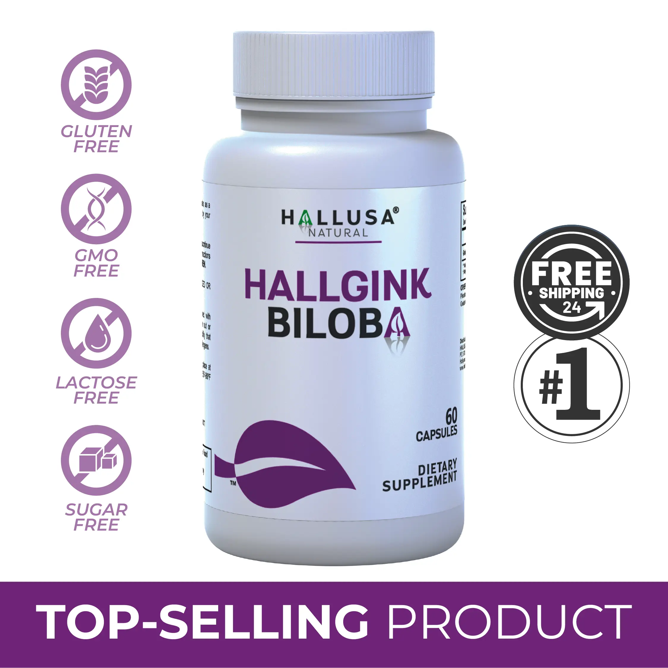 Hallusa Natural HallGink Biloba Extra Strength Ginkgo Biloba Extract 120mg 60 Capsules Dietary Supplement Gluten-Free GMO-Free Lactose-Free Sugar-Free 30-Day Supply - Edible